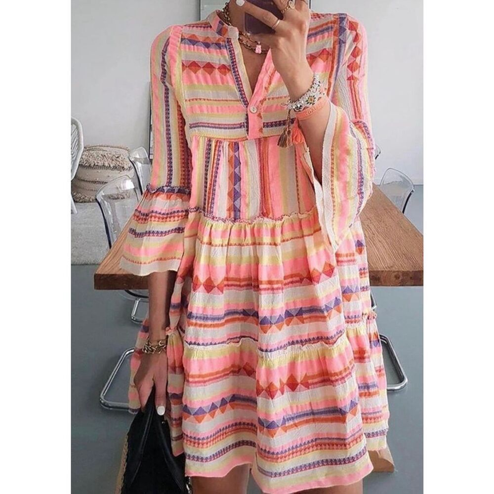 New Sunday Up Striped Boho Dopamine Dress